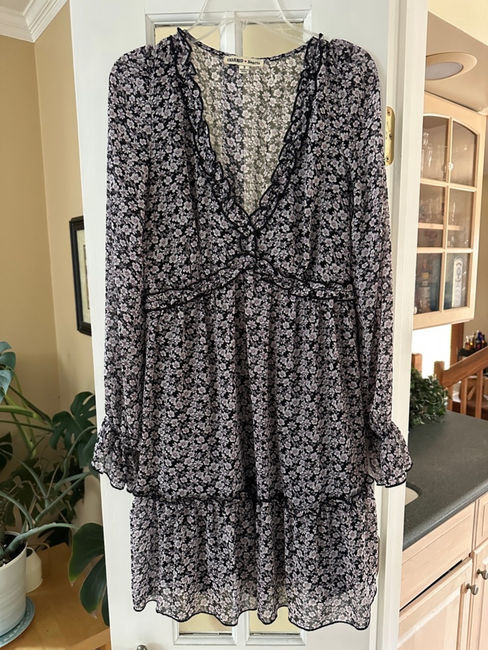 BEAUTIFUL Black with purple and white flower pattern V-Neck Women's Dress